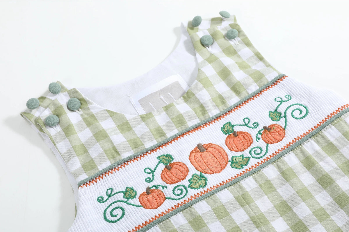 sage green gingham baby overalls