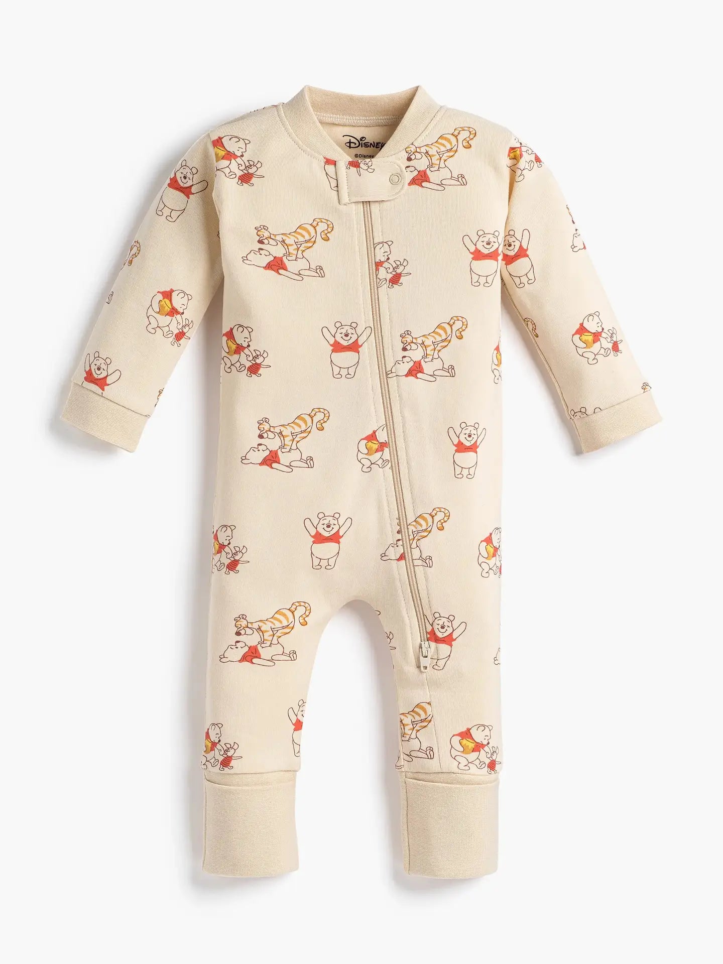 Disney Winnie the Pooh organic cotton baby zip pajamas with playful Pooh and Tigger print.