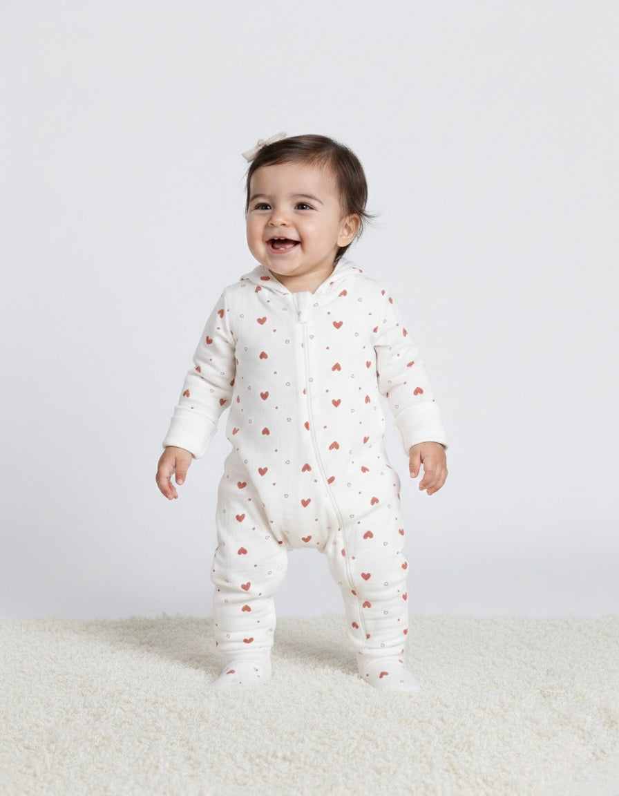 Newborn romper with red hearts on soft white fabric