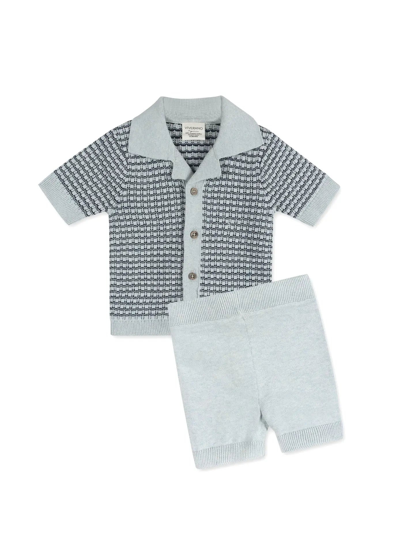 Baby boy organic cotton two-piece outfit featuring a knit polo shirt with matching shorts.