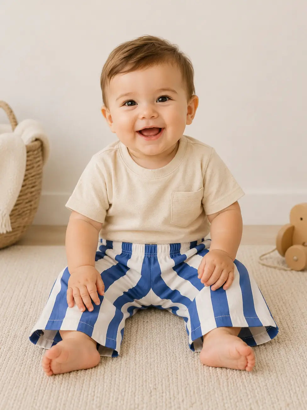 Blue and ivory striped organic cotton toddler pants.