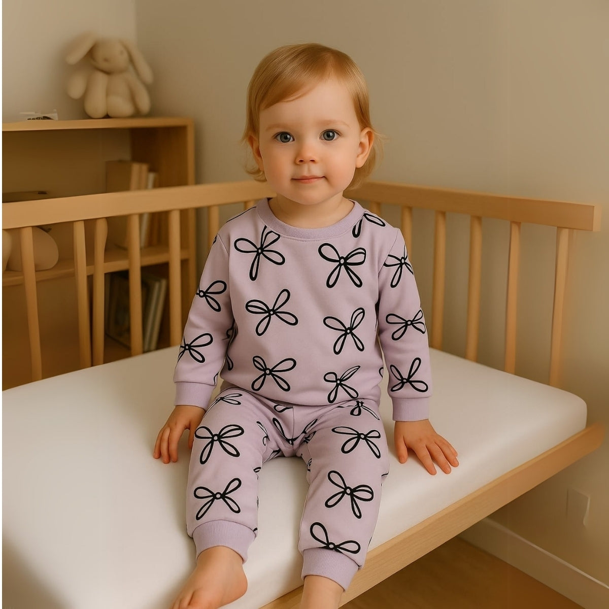 Toddler wearing lilac bow-print lounge set on crib