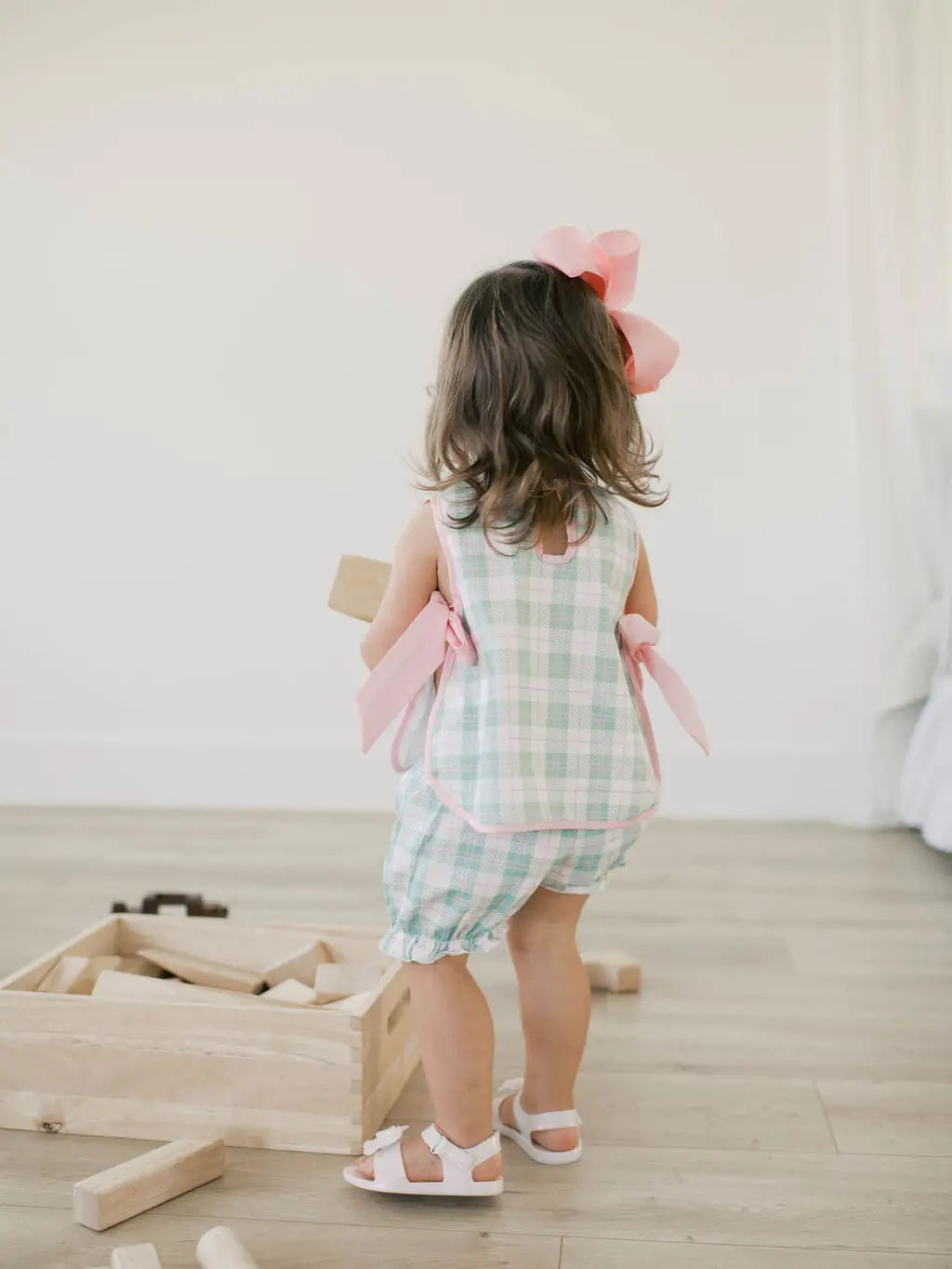 Girls mint green plaid summer outfit with pink side bows