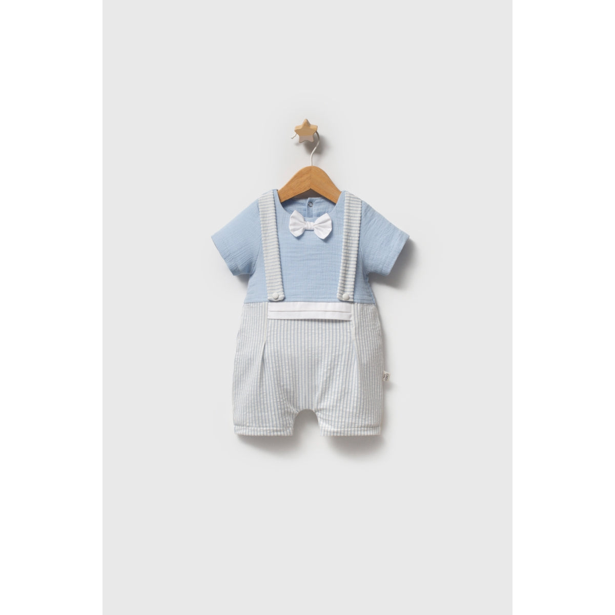 Baby boy outfit with striped suspenders and bow detail