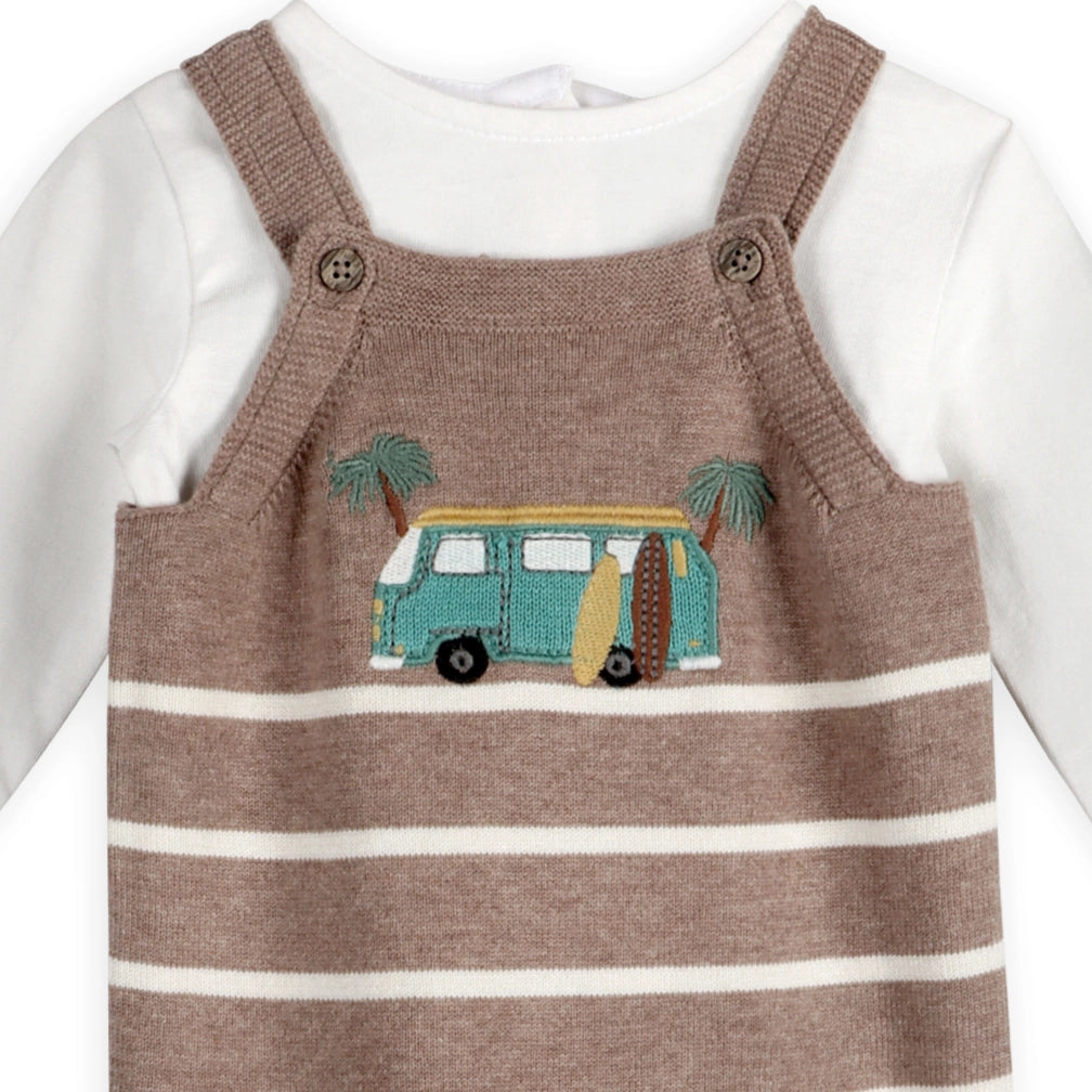 Two-piece organic baby outfit featuring a vintage camper knit overall.