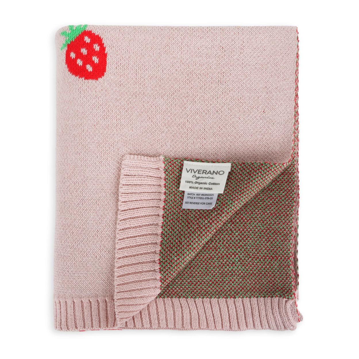Pink cotton baby blanket featuring adorable strawberry pattern.