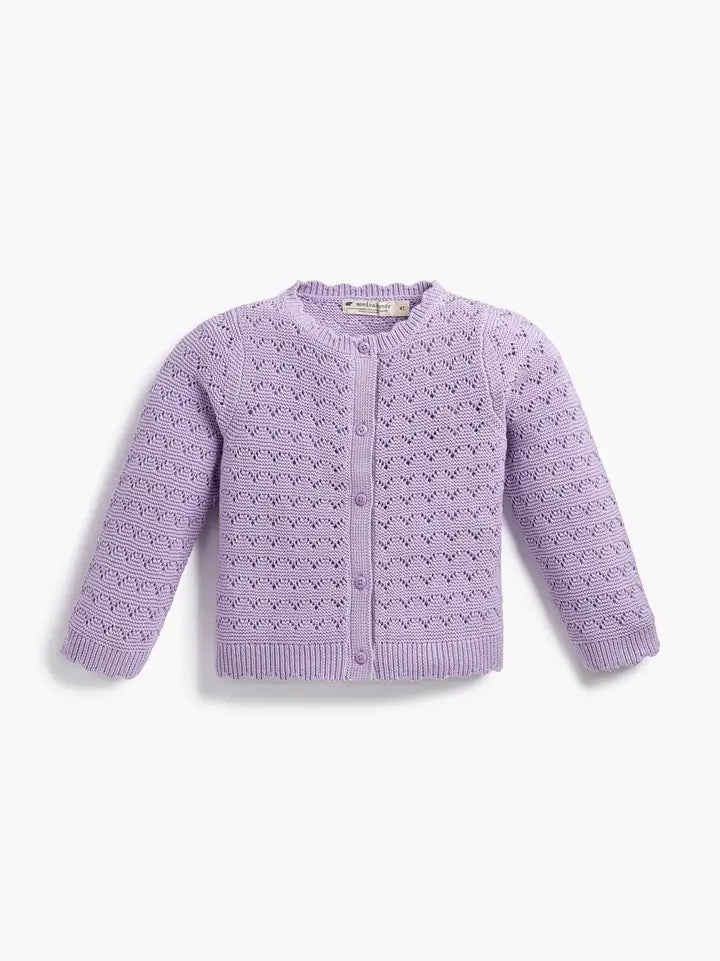 Organic lavender knit baby cardigan with delicate pointelle pattern and button front.