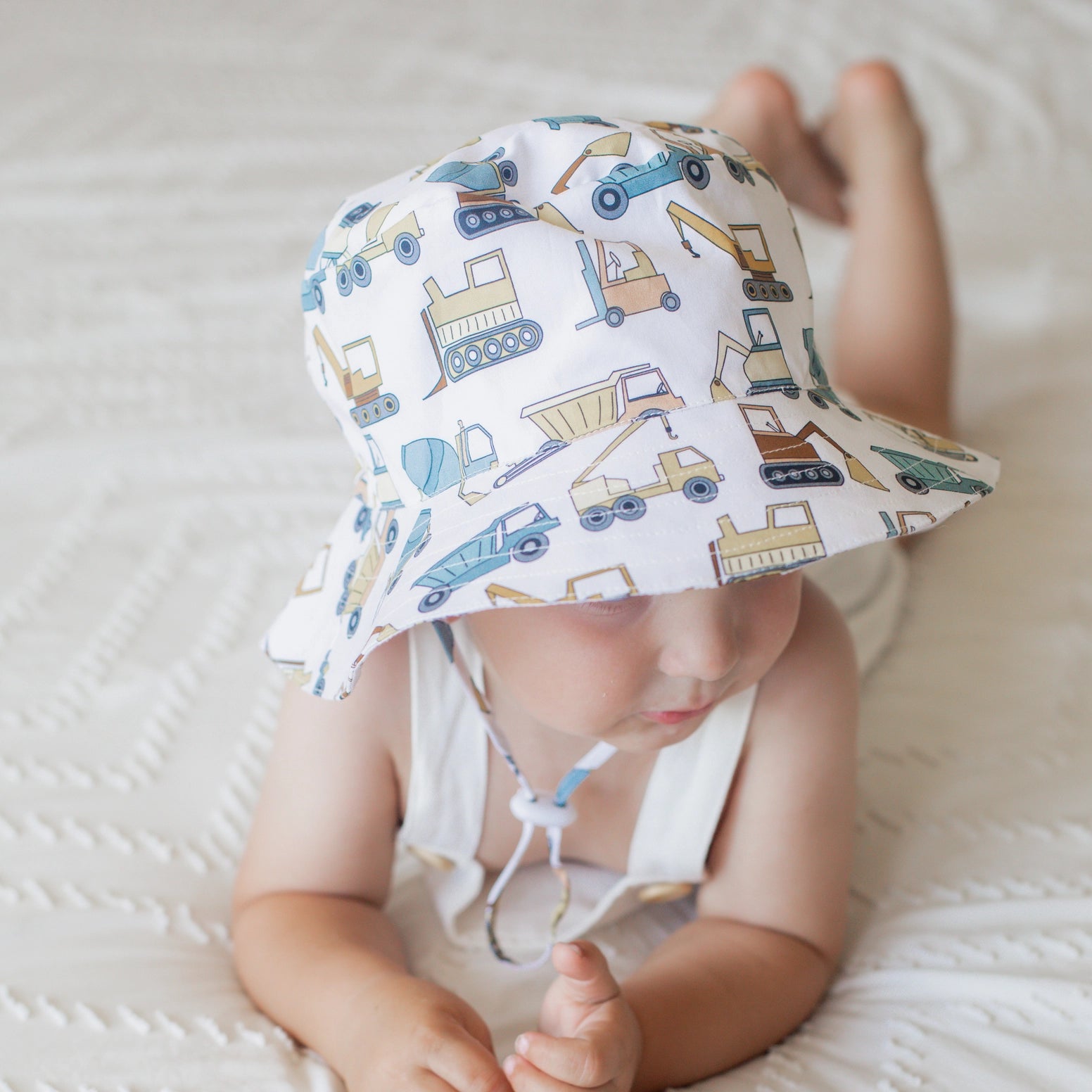 Kids sun hat with dump truck excavator print
