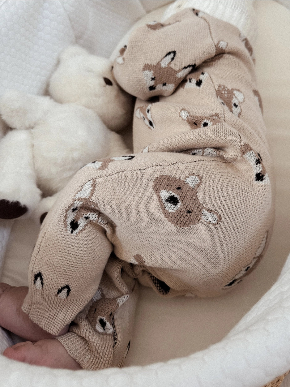 baby knit jumpsuit with woodland animal pattern