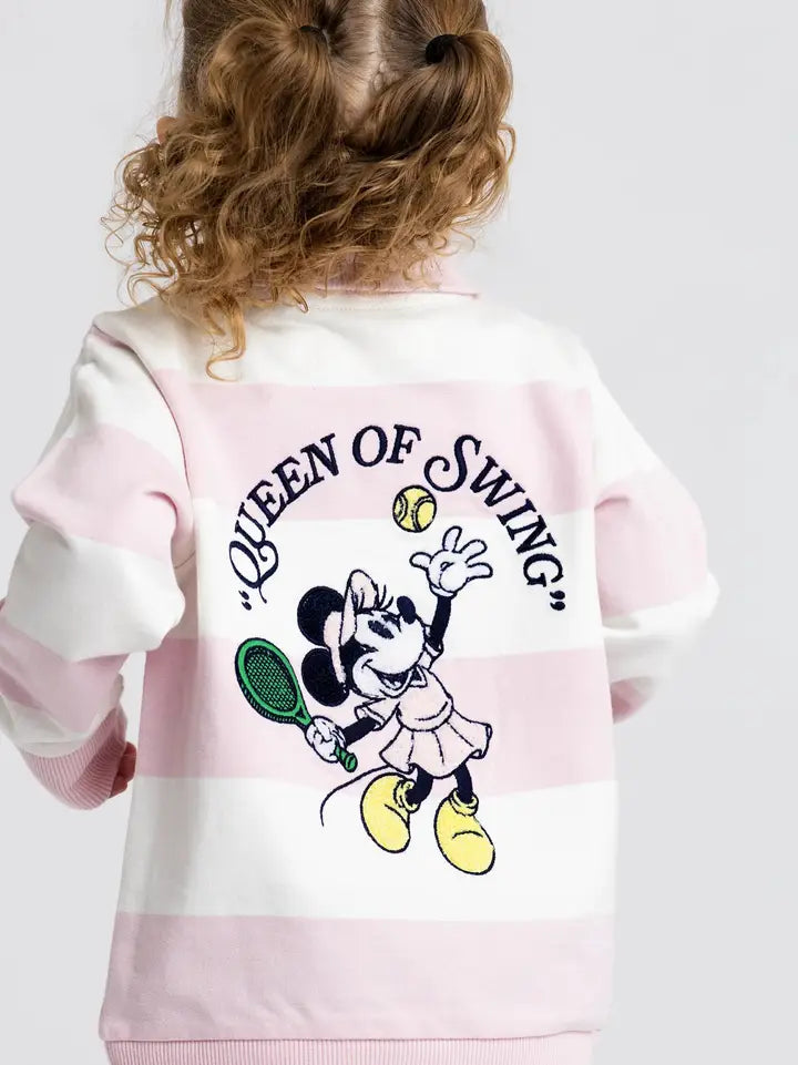 Disney Minnie Mouse Queen of Swing girls quarter zip sweatshirt with pink and white stripes.