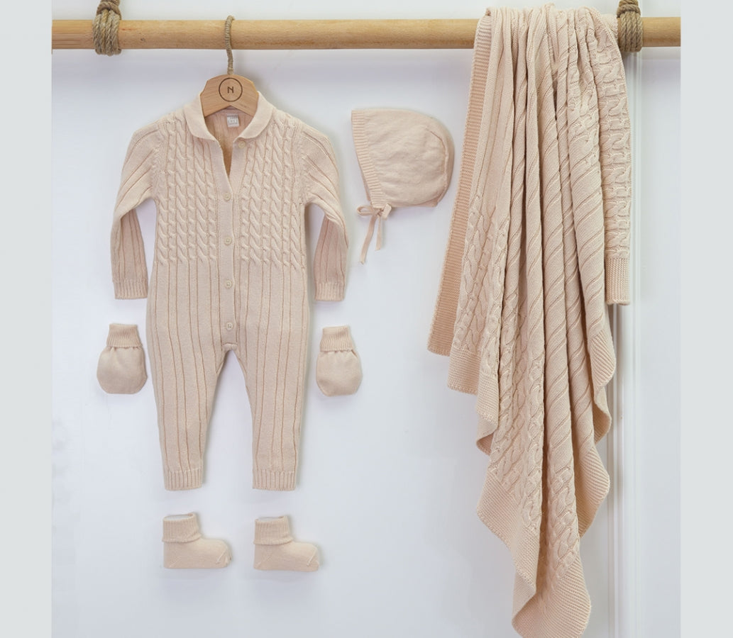 Cable Knit 5 Piece Newborn Light Beige Set