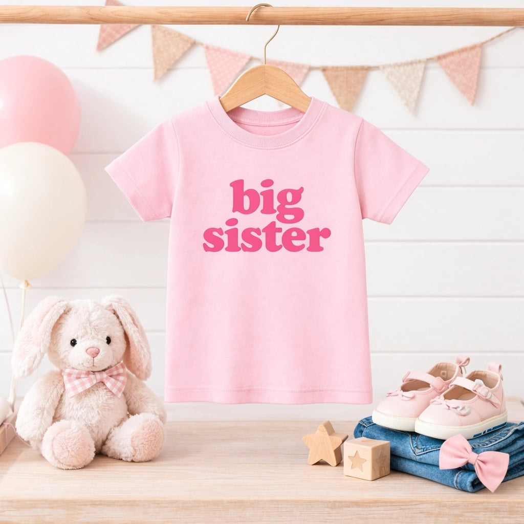 pink cotton Big sister T-shirt for girls with pink lettering