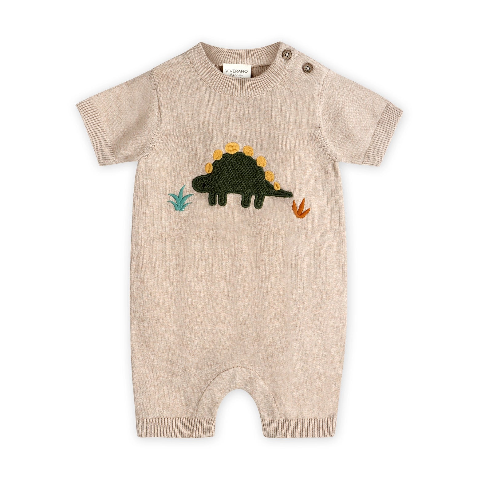 beige dinosaur baby knit romper