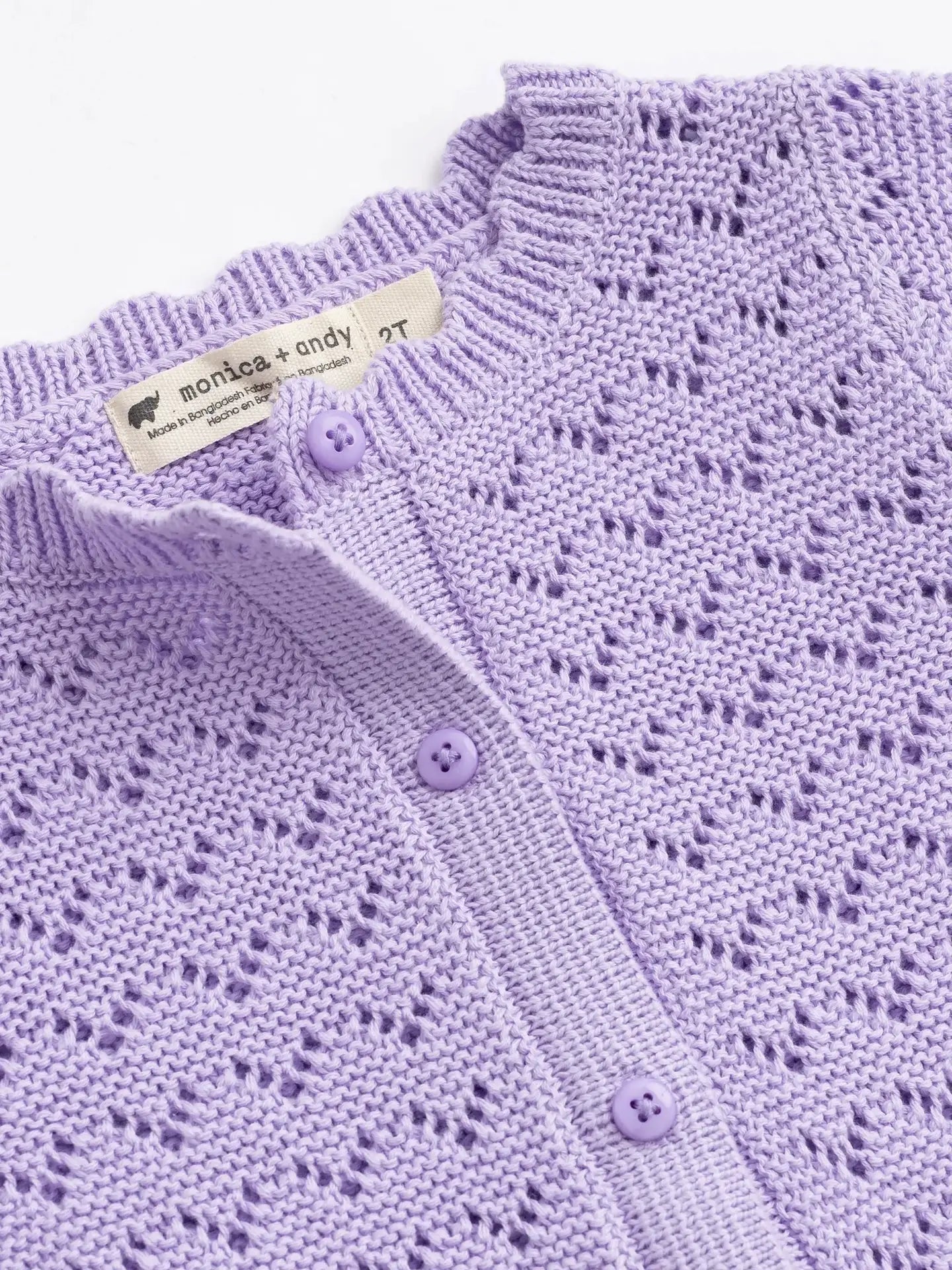 Soft organic cotton toddler cardigan in lavender featuring a lightweight pointelle knit