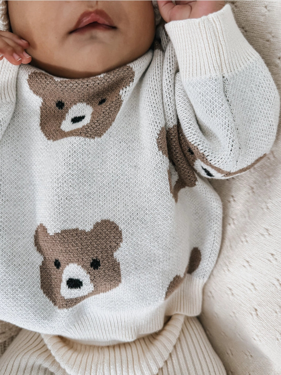 Organic cotton baby pullover with teddy bear design.