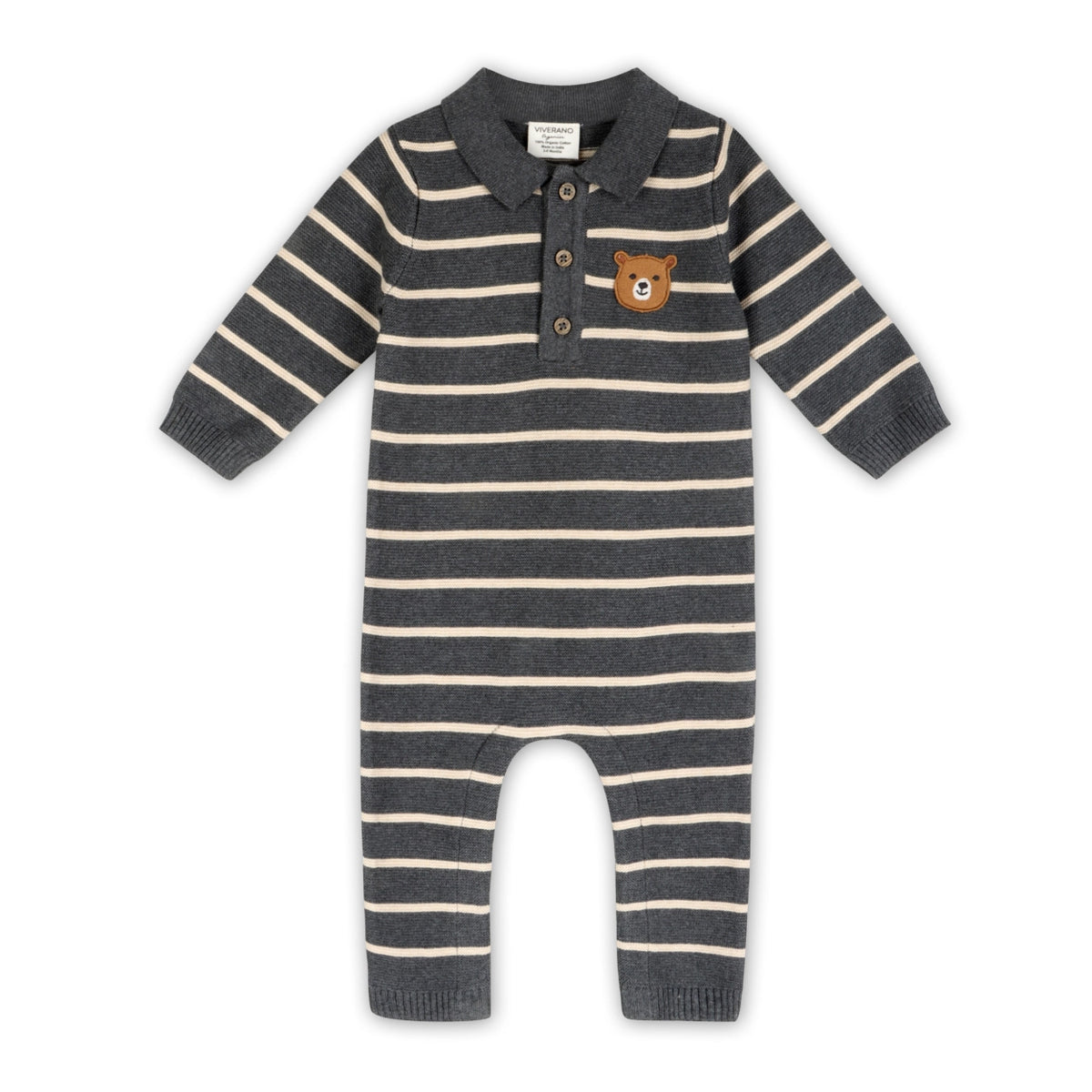 organic cotton bear face striped knit jumpsuit with collar