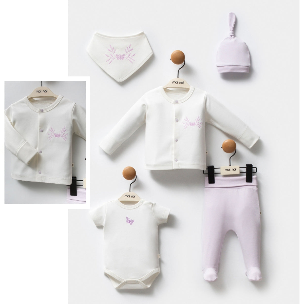 Five-piece newborn baby set with lavender butterfly embroidery.