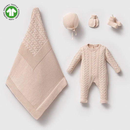 Premium GOTS-Certified 100% Cotton Beige Knit Newborn Set