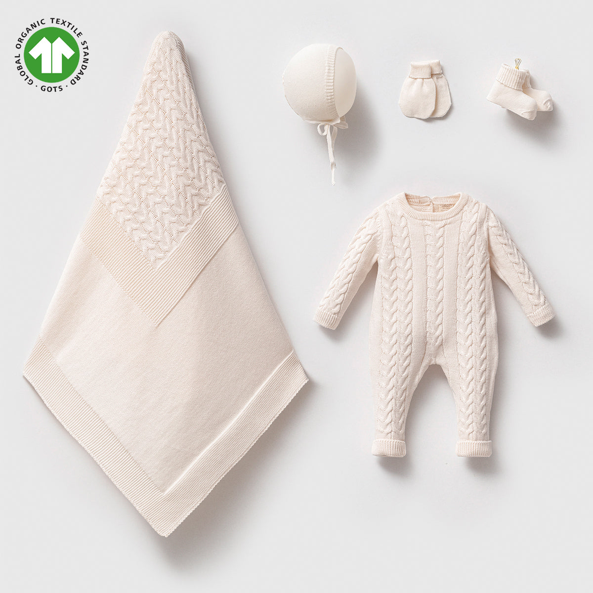 Premium GOTS-Certified 100% Cotton Cream Knit Newborn Set