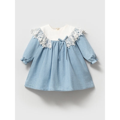 blue baby girl dress with lace collar and long sleeves