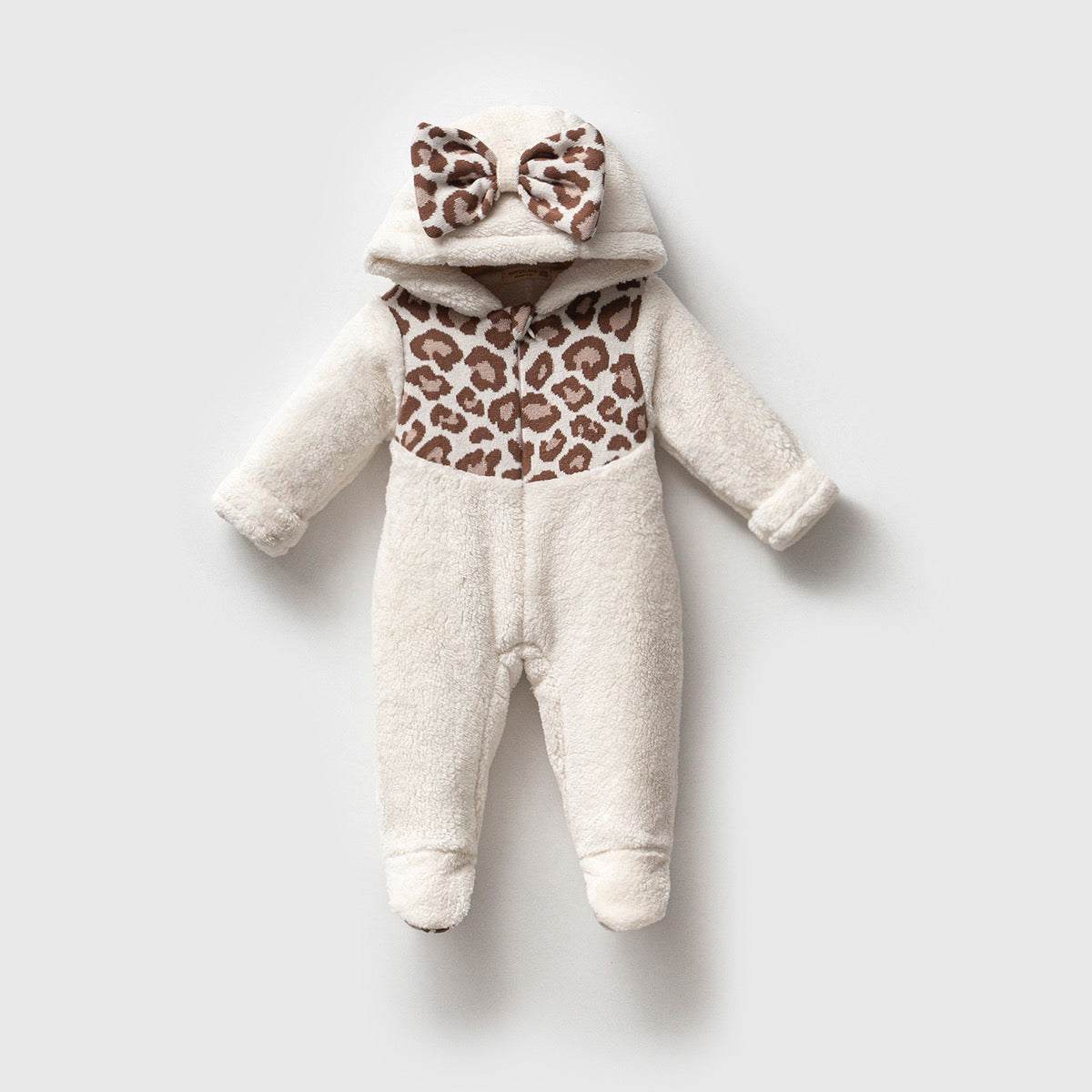 Sherpa baby romper with leopard print panel and hooded bow