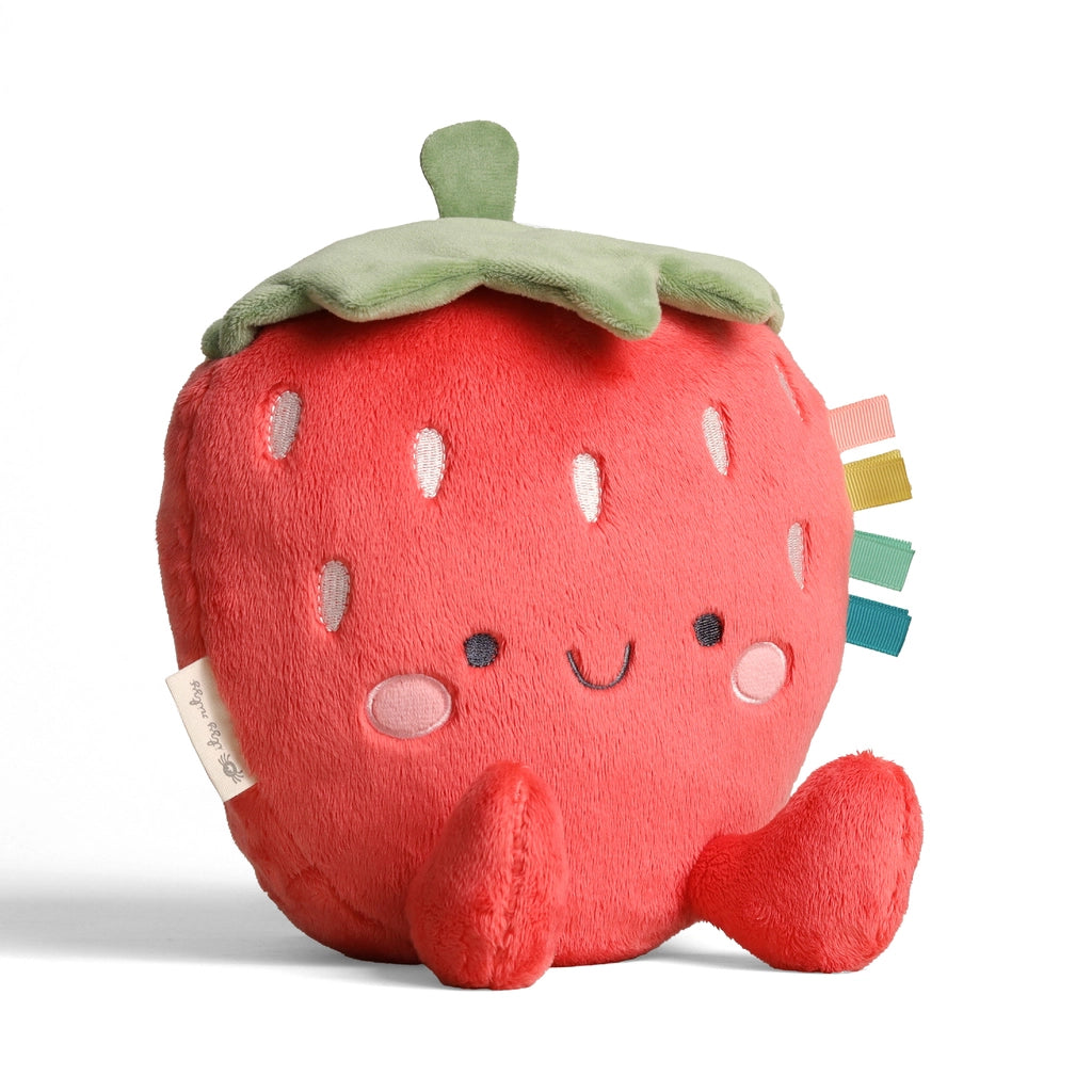 Strawberry sensory plush toy for babies with colorful ribbon tabs