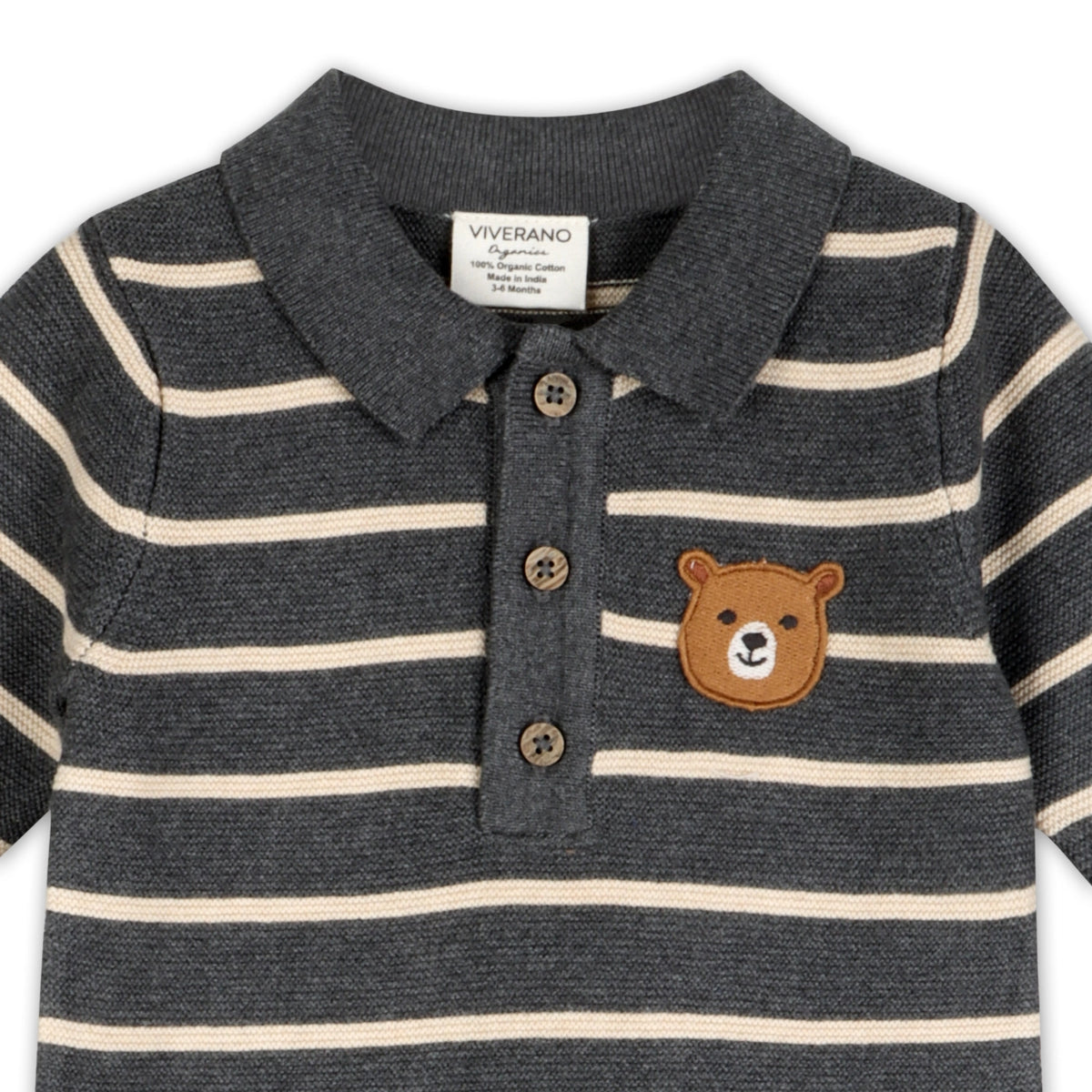bear face applique on striped organic cotton knit baby jumpsuit 