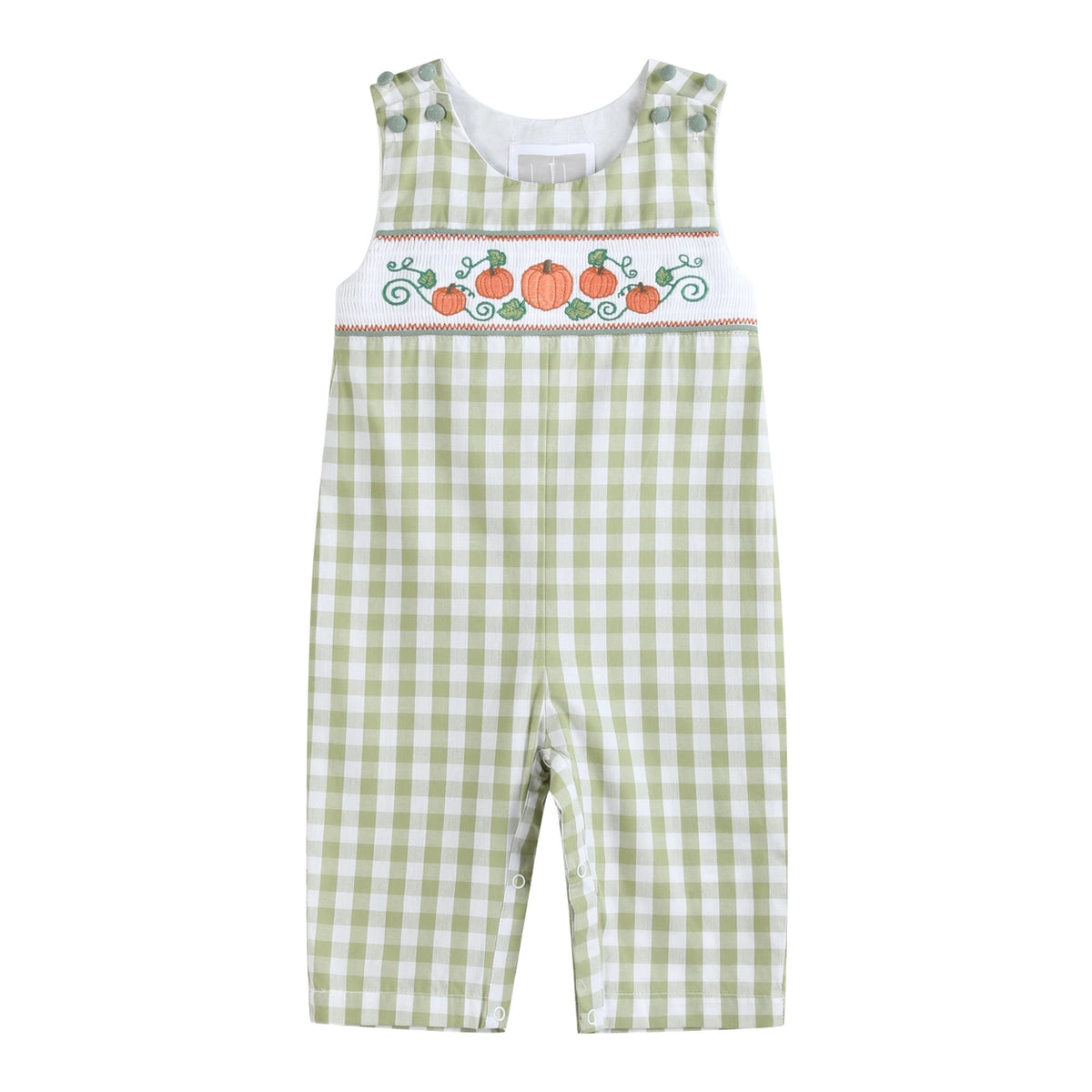 sage green gingham pumpkin smocked overalls with embroidered pumpkins
