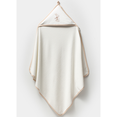 White hooded baby towel with bunny embroidery and beige trim
