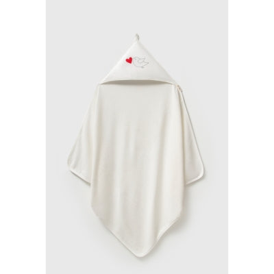 White hooded baby towel with lovebird and red heart embroidery