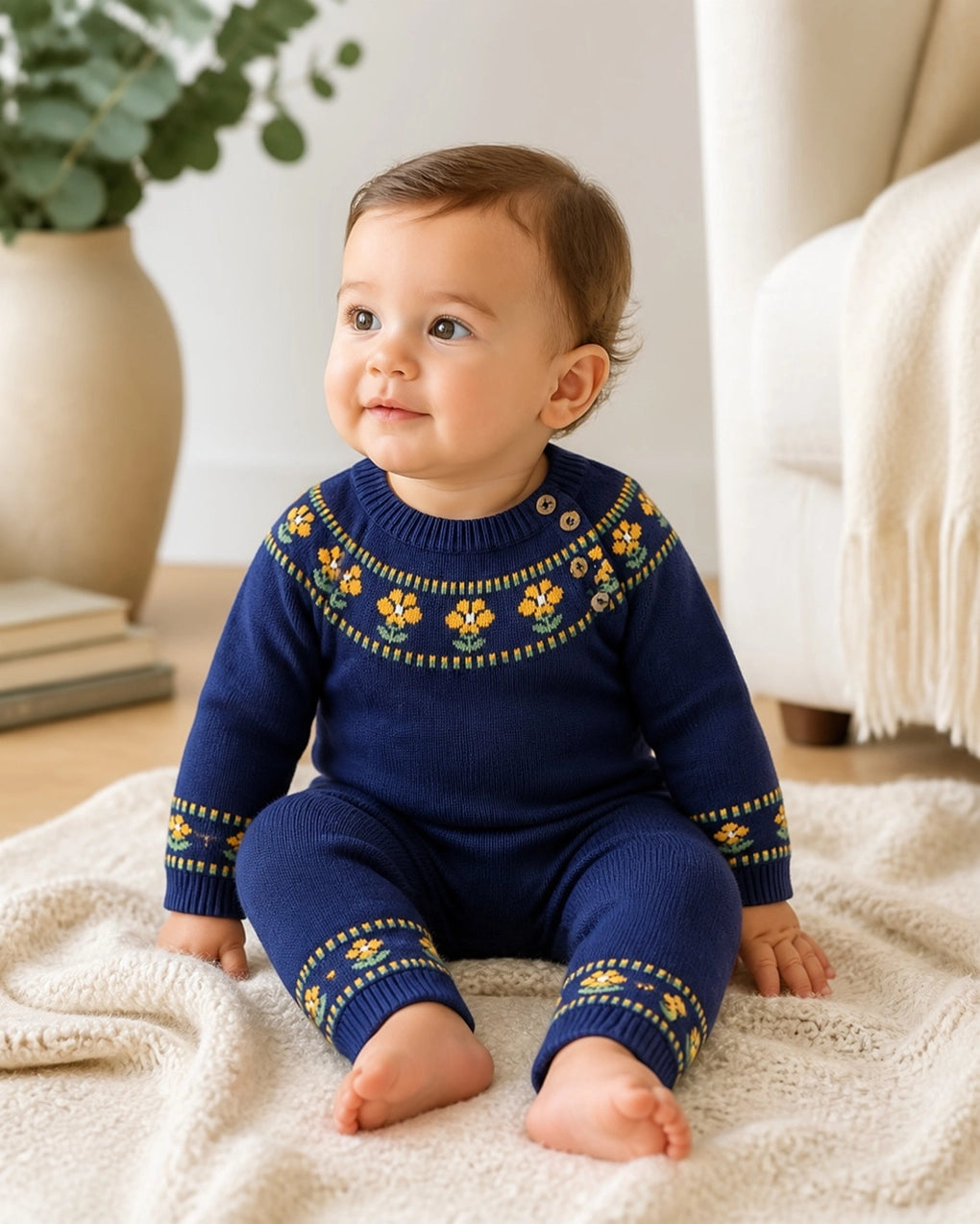 Navy blue organic cotton baby jumpsuit with yellow flower patterns on sleeves, neckline, and ankles