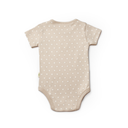 Organic cotton brown polka dot short sleeve bodysuit, cozy unisex baby clothing for newborns.