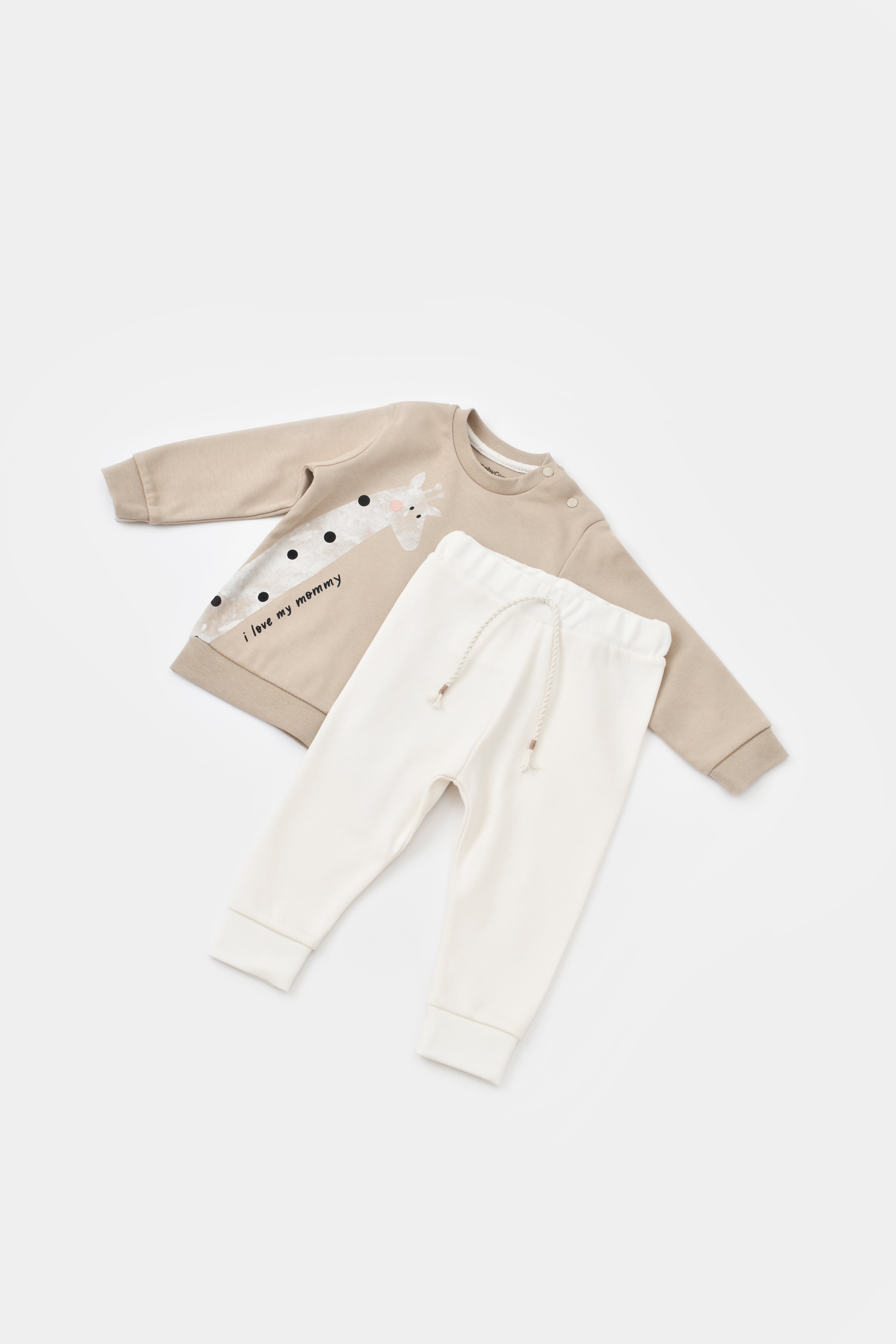 Beige giraffe baby sweatshirt and cream jogger pants set