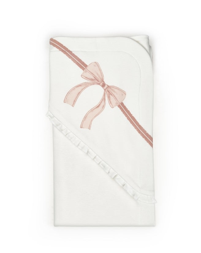 Organic white baby blanket with blush ribbon bow design