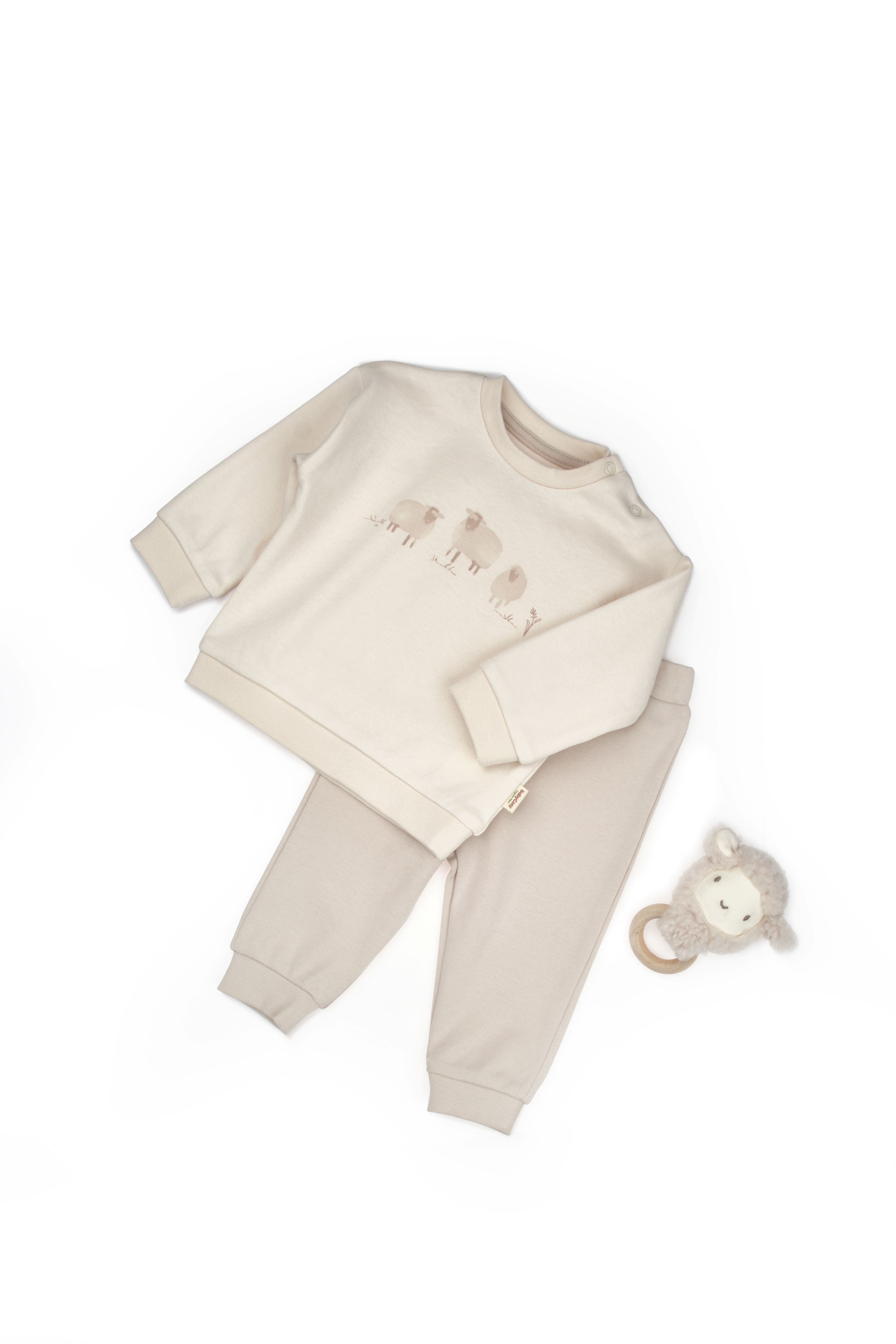 Neutral baby sweat set with lamb print sweatshirt and joggers