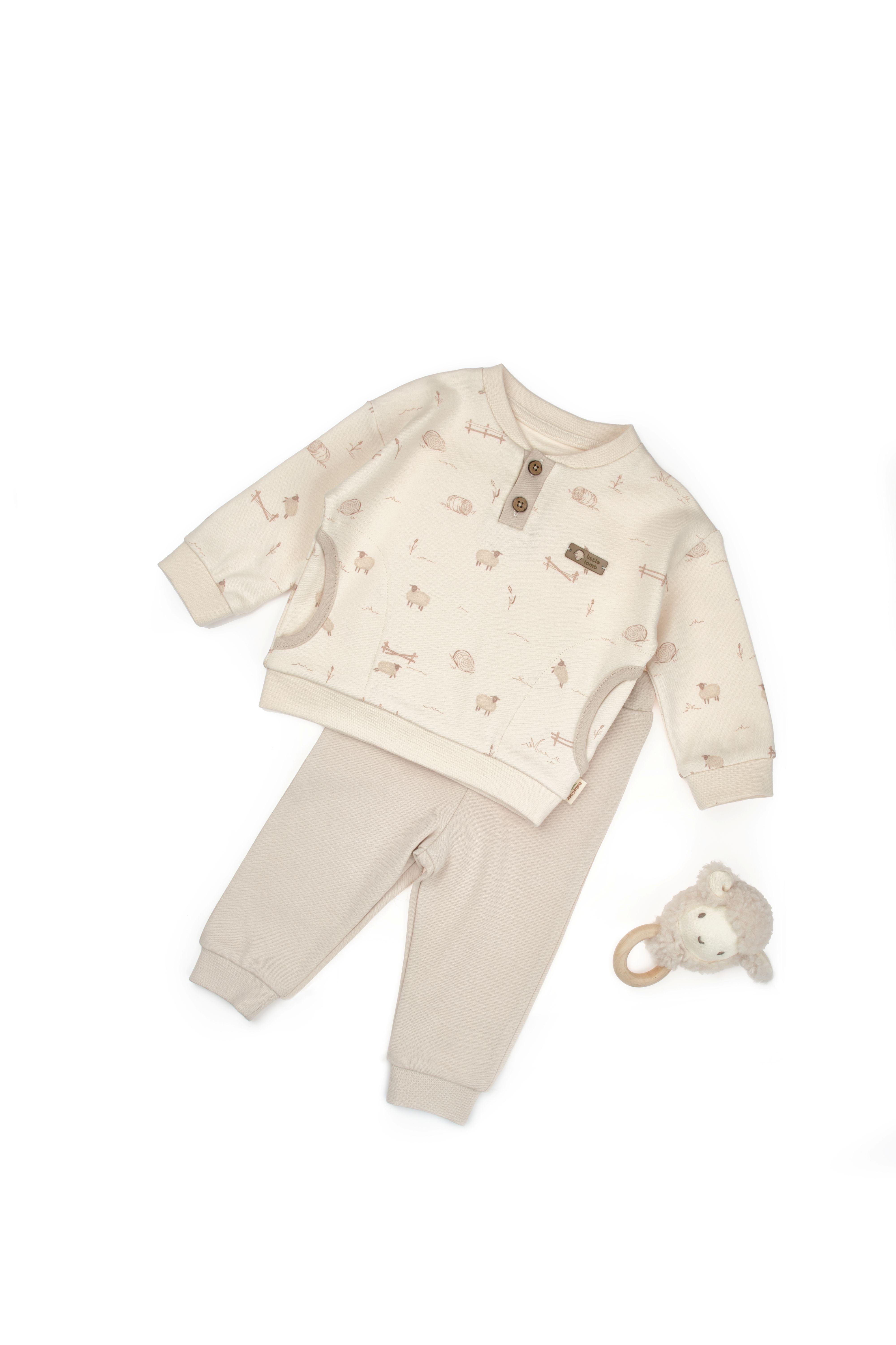Neutral baby sweat set with farm animal print top and joggers
