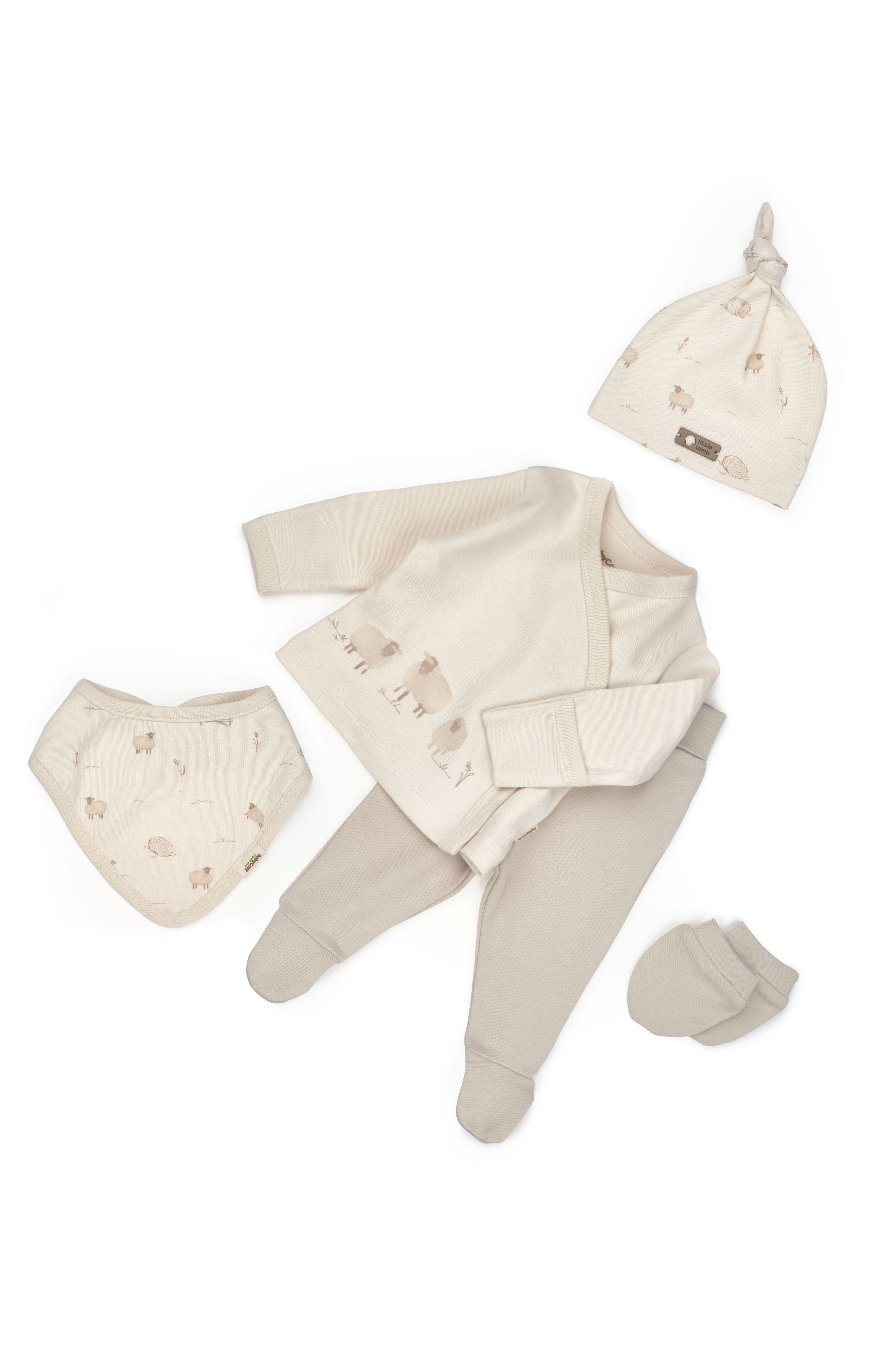 Neutral newborn lamb print 5-piece baby clothing set