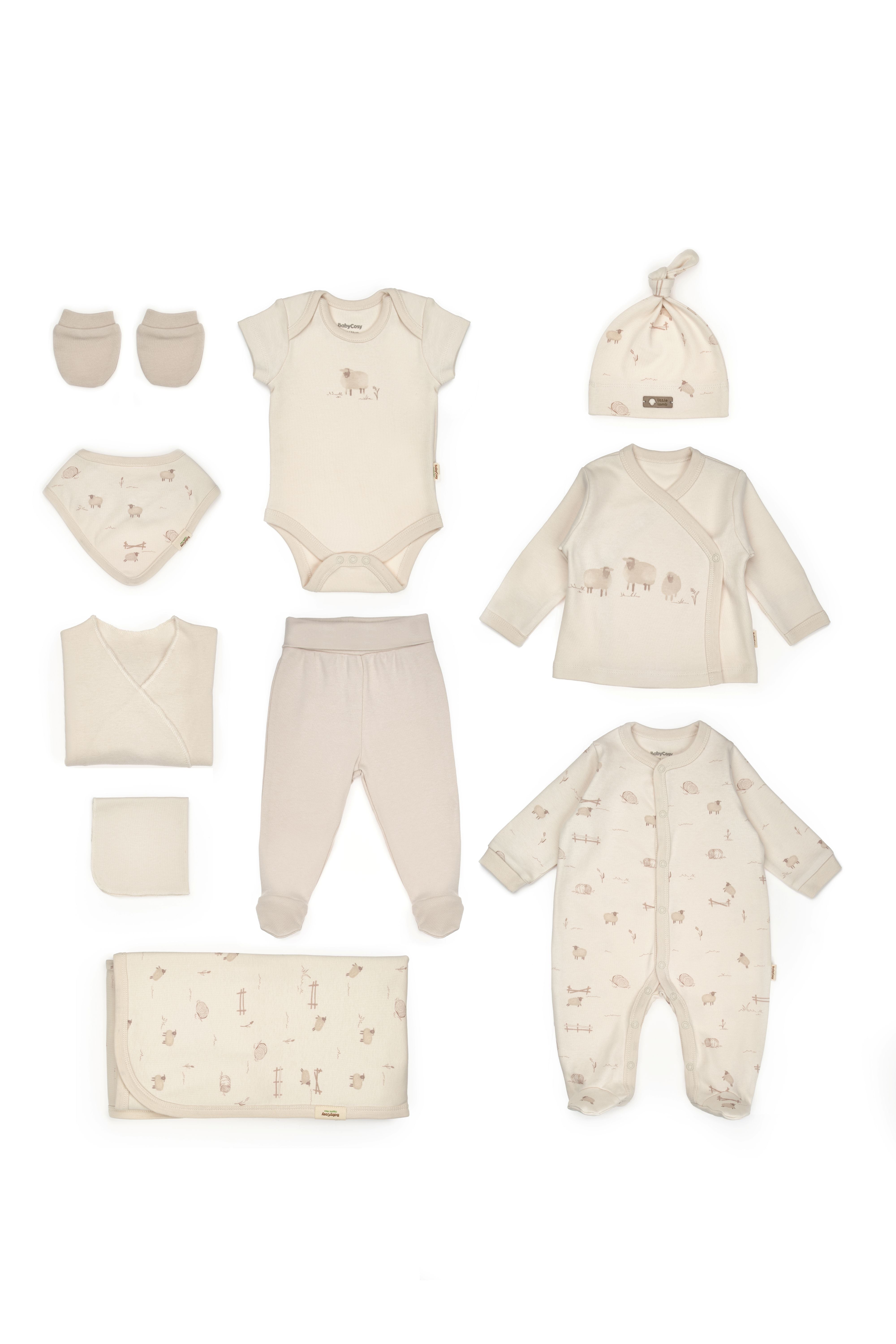 Neutral 10-piece newborn baby set with lamb print clothing and accessories