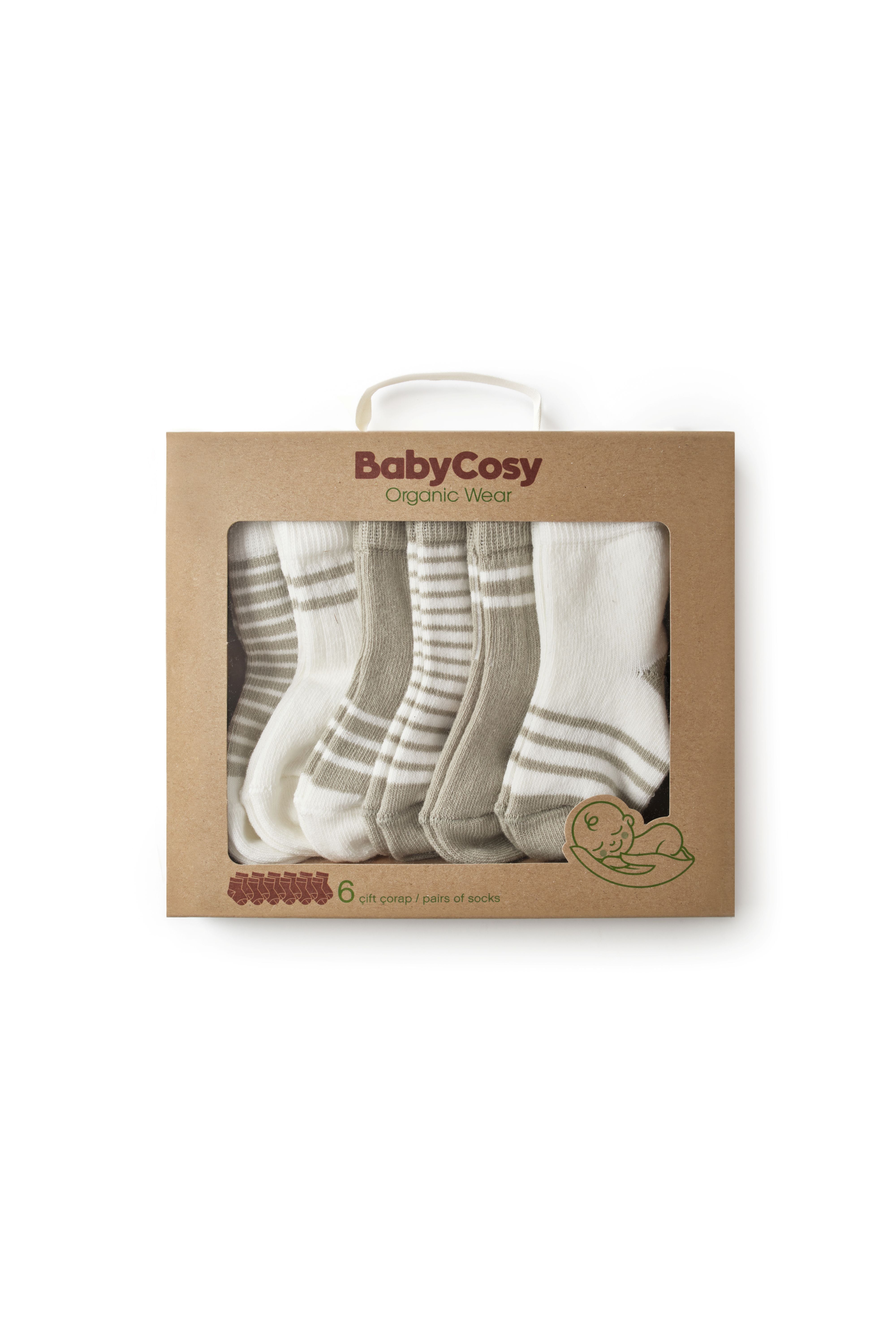 Soft baby socks in sage-neutral tones with ribbed cuffs