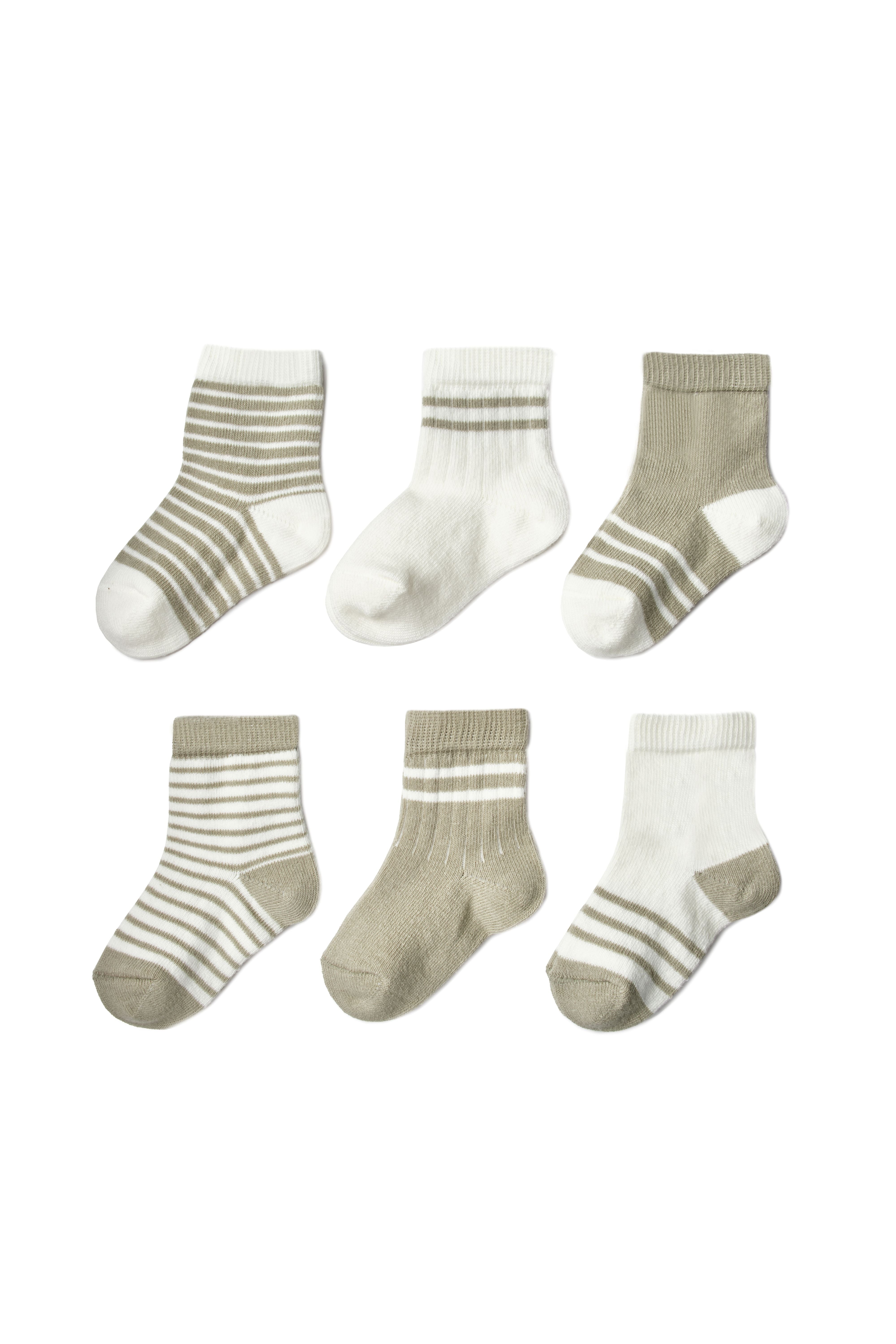 Sage and white baby socks set with striped designs