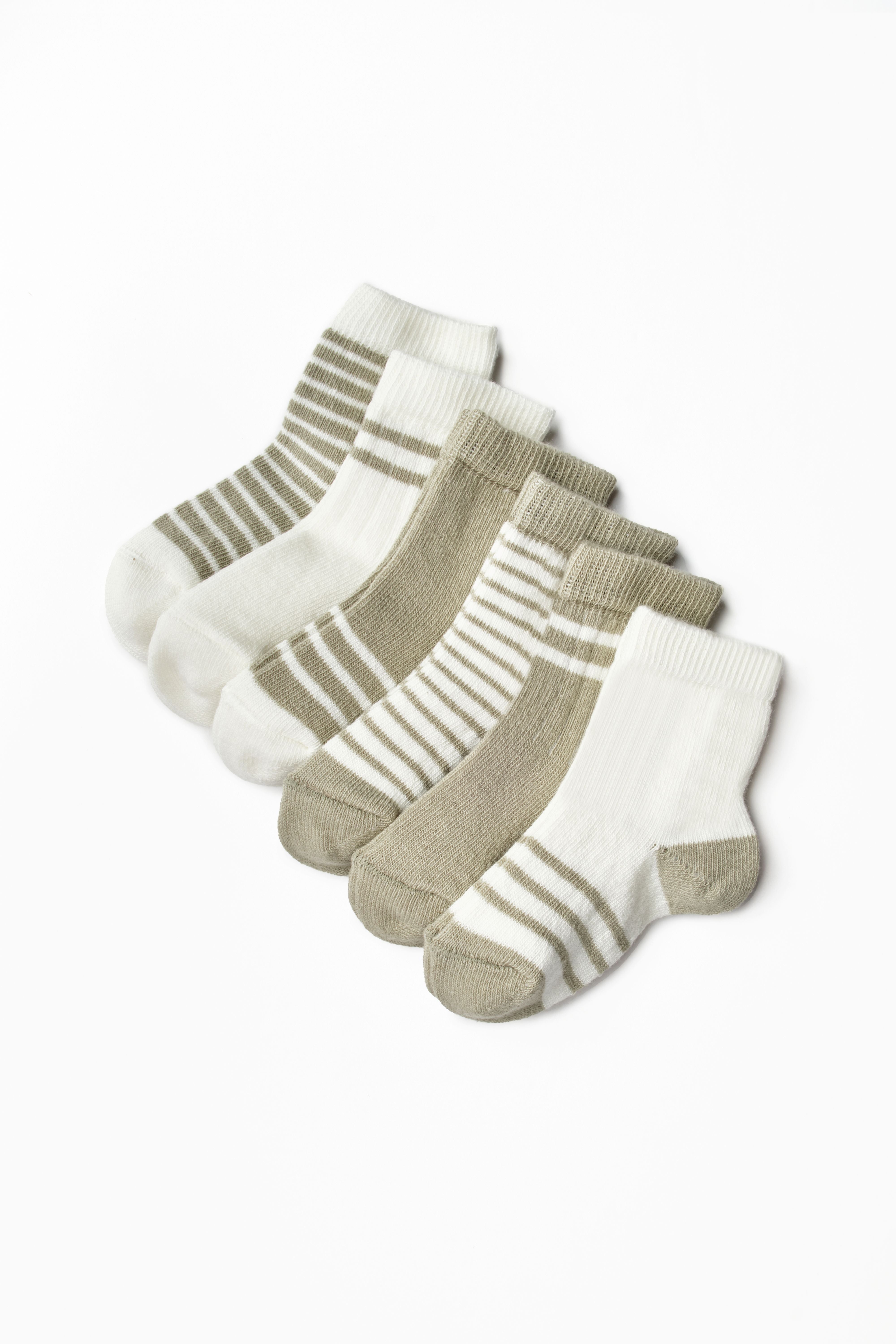 Six-pair neutral baby sock bundle in sage and white