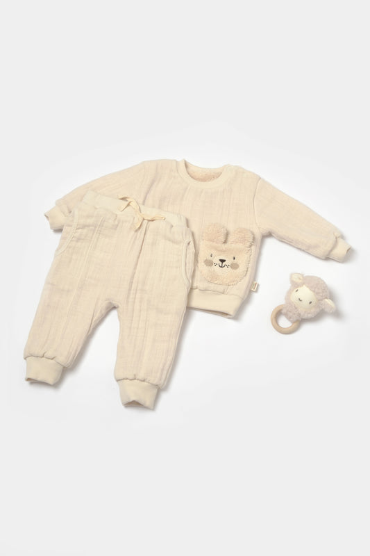 Muslin Bear Stone 2 Piece Sherpa Lined Set