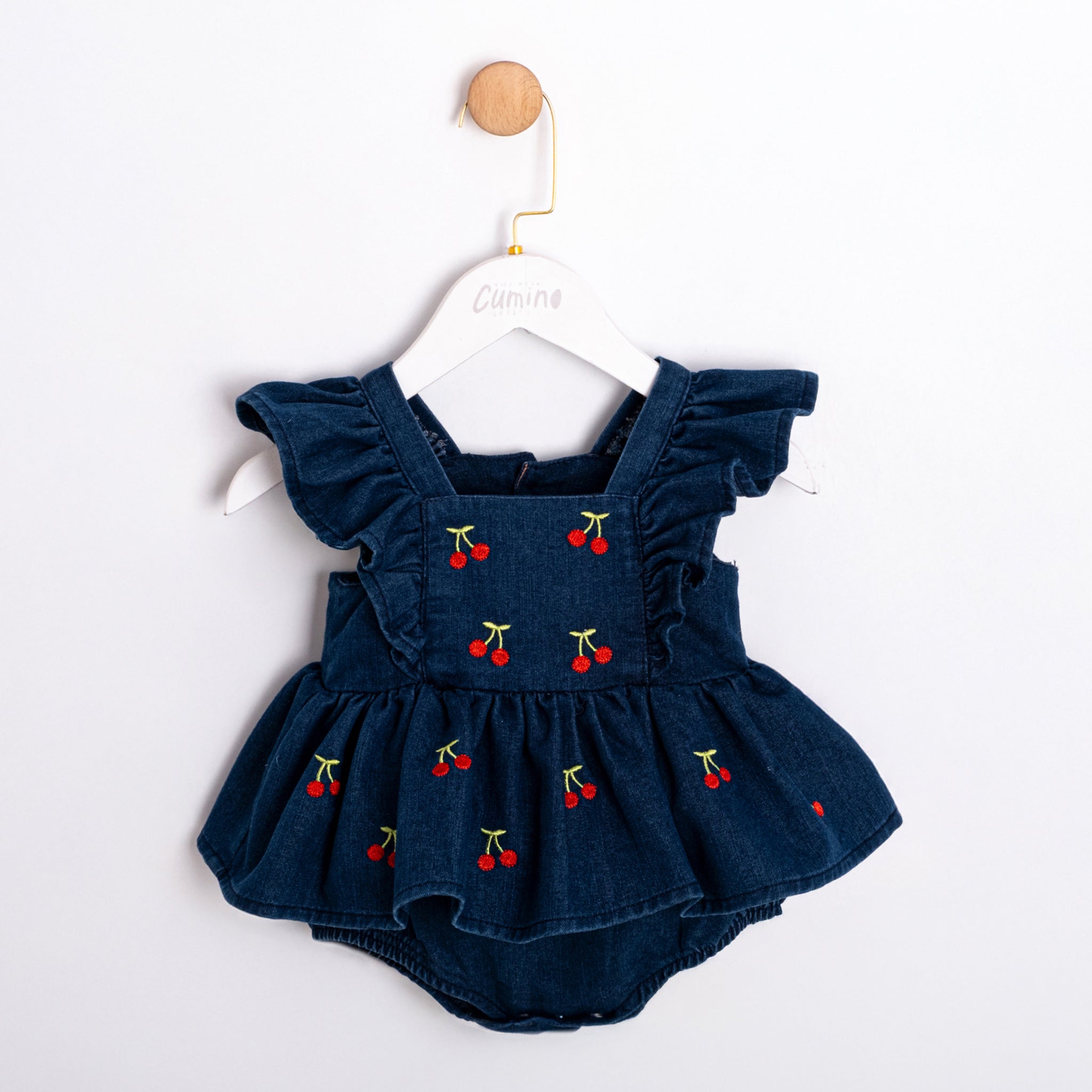 Baby girl denim romper with ruffle straps and buttons