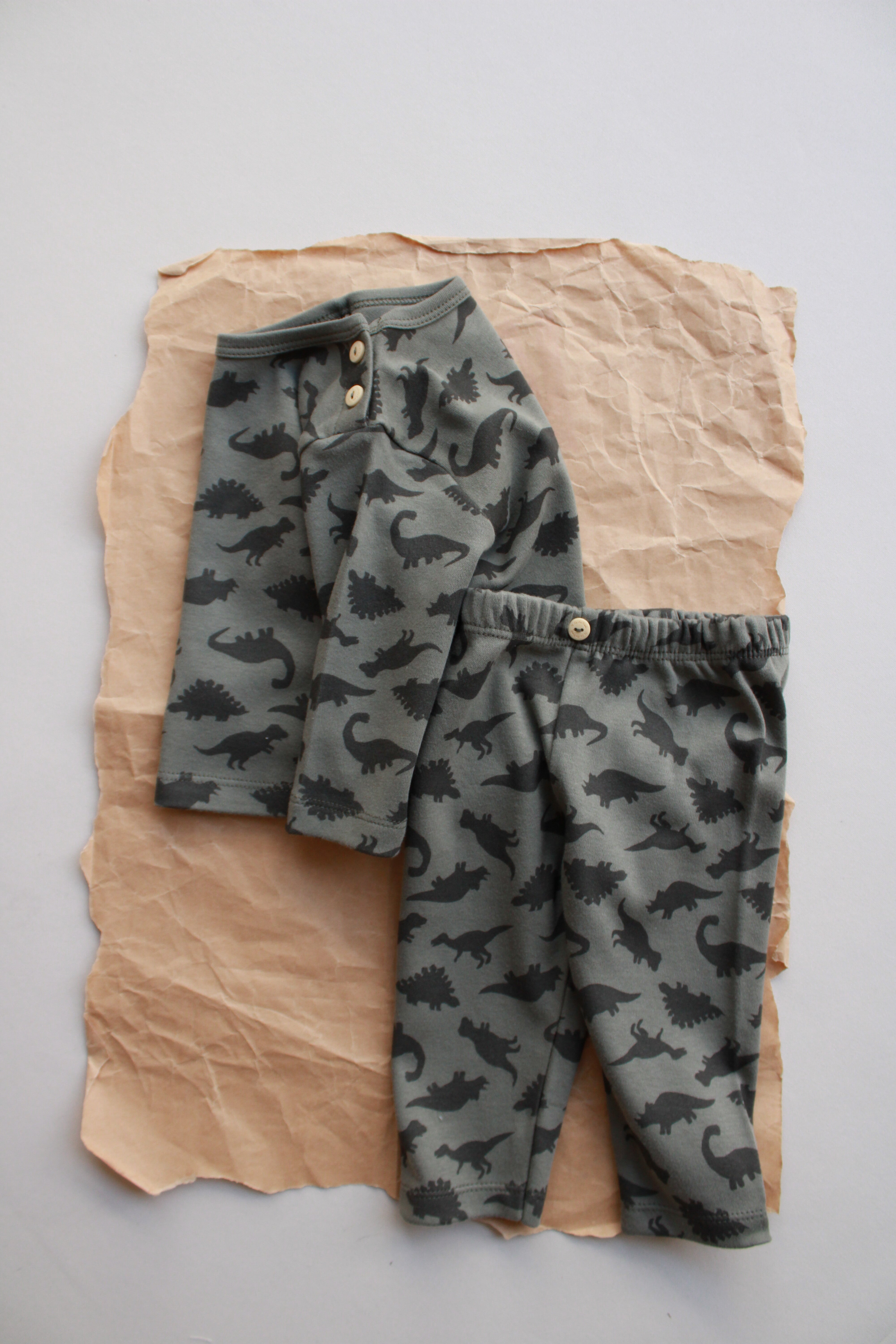 Cotton baby outfit with dinosaur silhouettes on top and elastic-waist bottoms