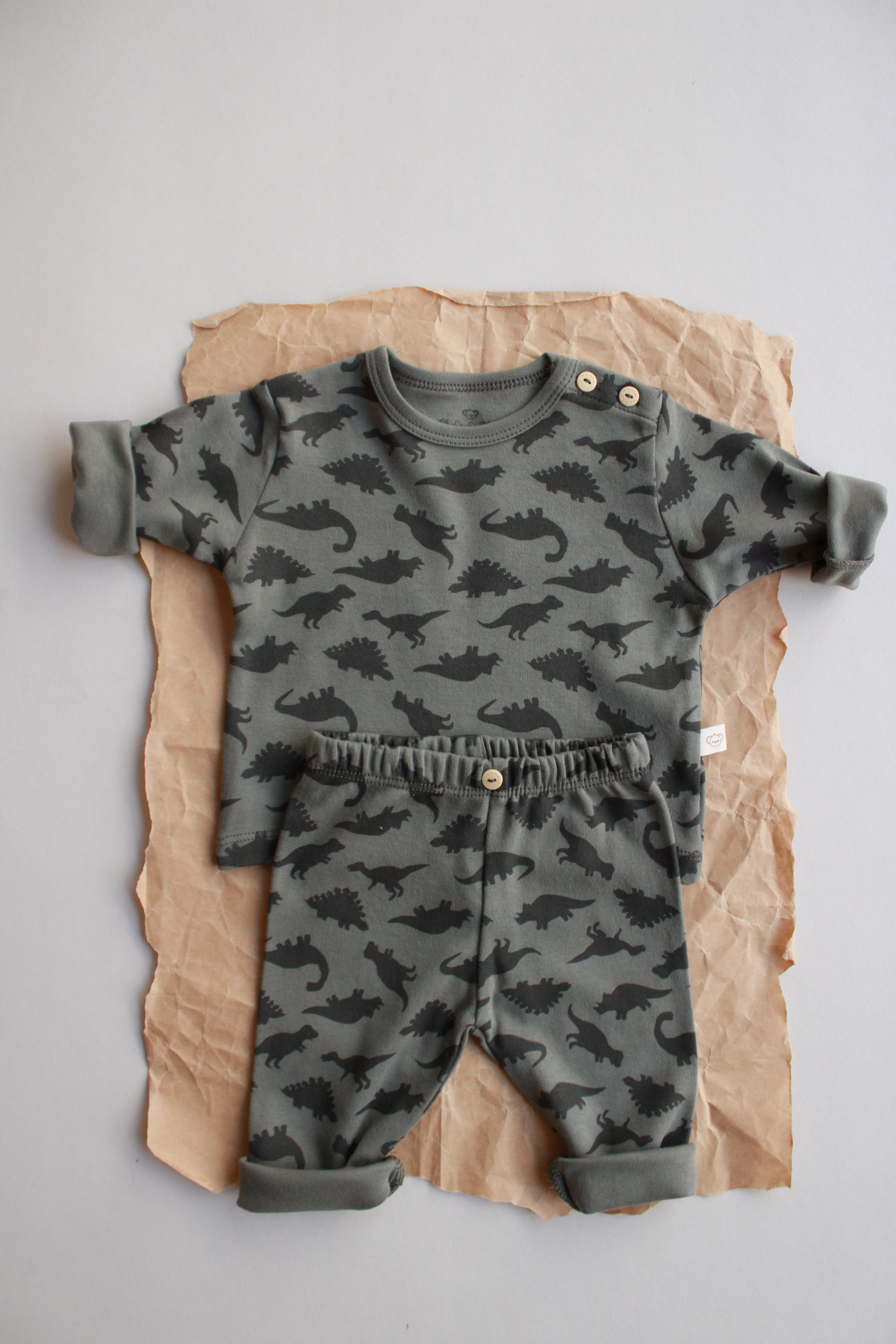 Gray baby set featuring all-over dinosaur pattern and button-shoulder detail.