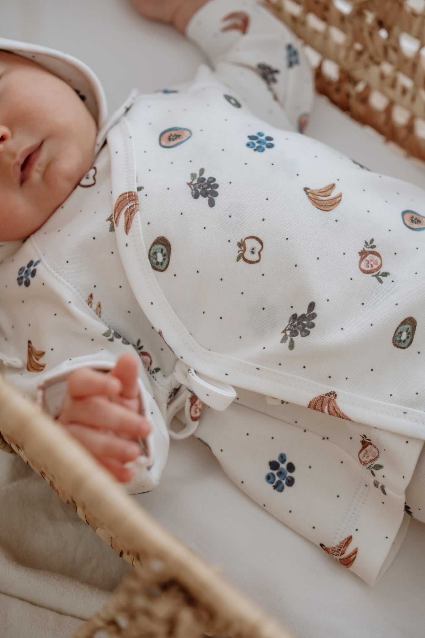 Soft baby kimono outfit with fruit pattern