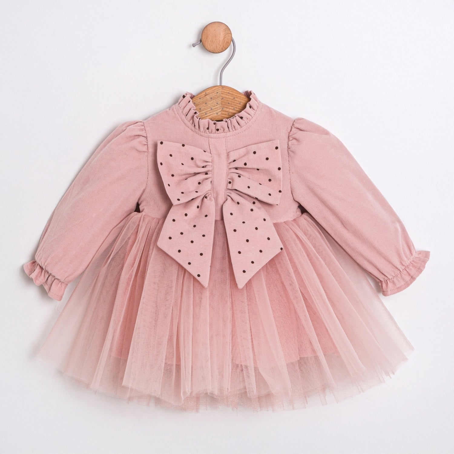 blush baby girl dress with tulle skirt and bow detail