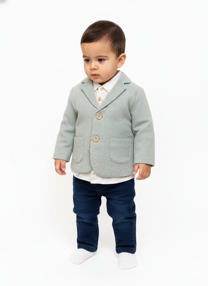 Toddler boy blazer set with patterned shirt and denim pants
