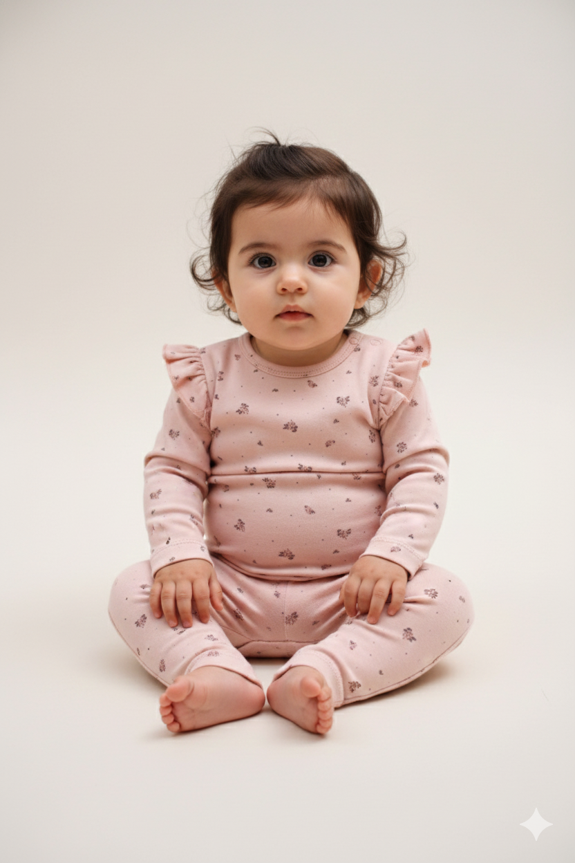 baby girl two piece outfit with floral print and ruffle details