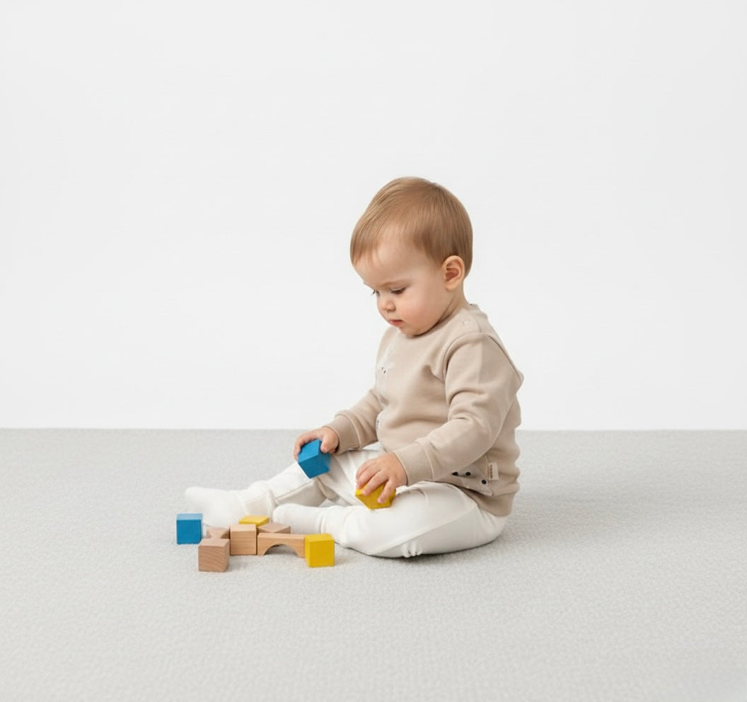 Giraffe print baby outfit set in beige and cream tones